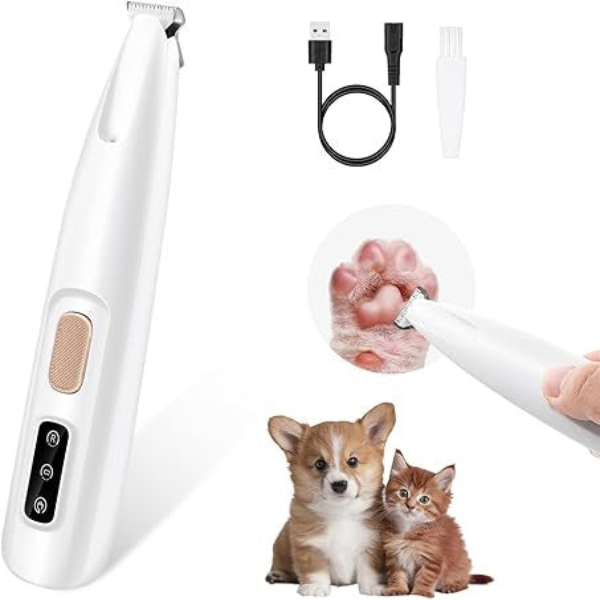 Pet grooming tool with USB cable, paw cleaning brush, and two pets on a white background
