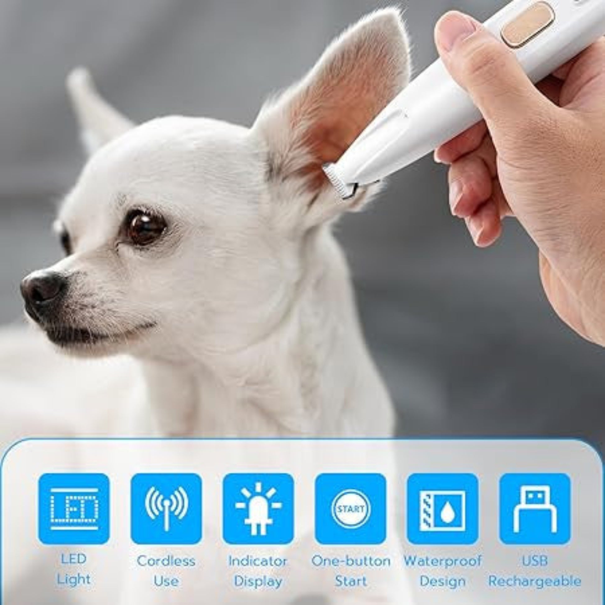 Person cleaning a dog's ear with an ear cleaning tool, with product features displayed below.