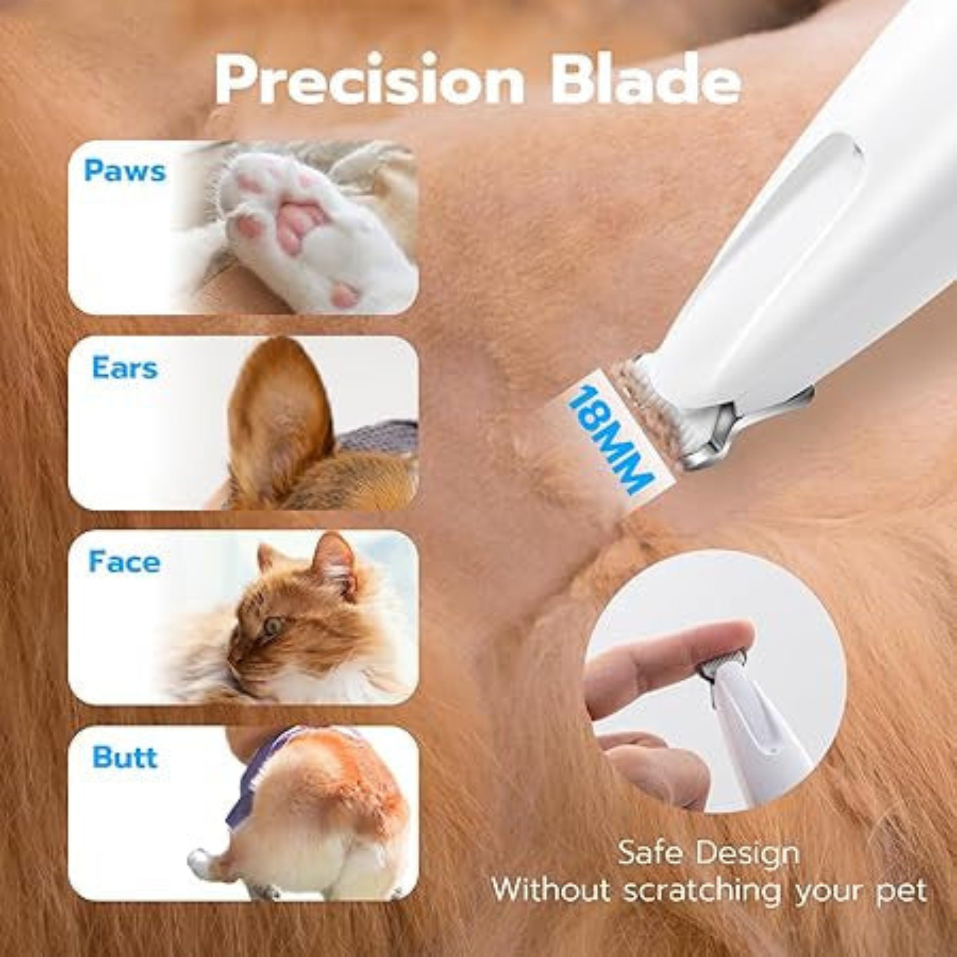 Pet grooming tool with 'IBBY' branding on a brown background, showing safe design for various pet parts.