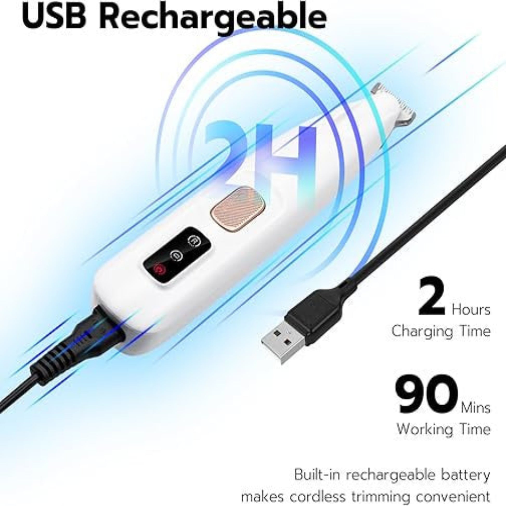 USB rechargeable device with charging and working time indicators on a white background