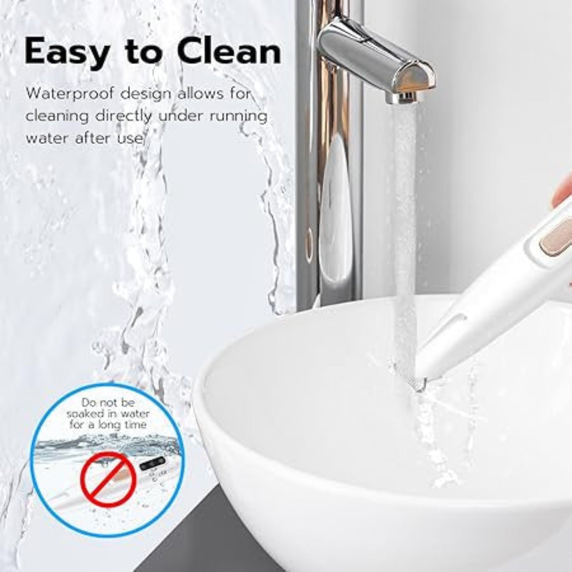 Cleaning a white handheld device under running water with text indicating easy cleaning and waterproof design.