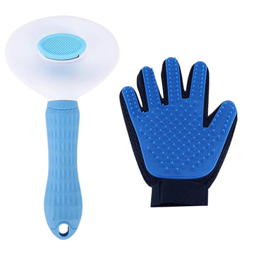 Blue grooming glove and brush on a white background