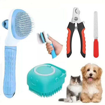 Set of pet grooming tools including a blue brush, nail clippers, and a green scrubber with a dog and cat on a white background.