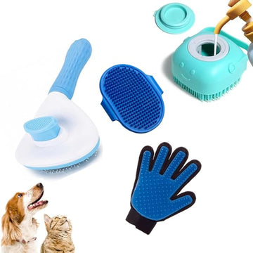 Pet grooming tools including a brush, glove, and other accessories on a white background.
