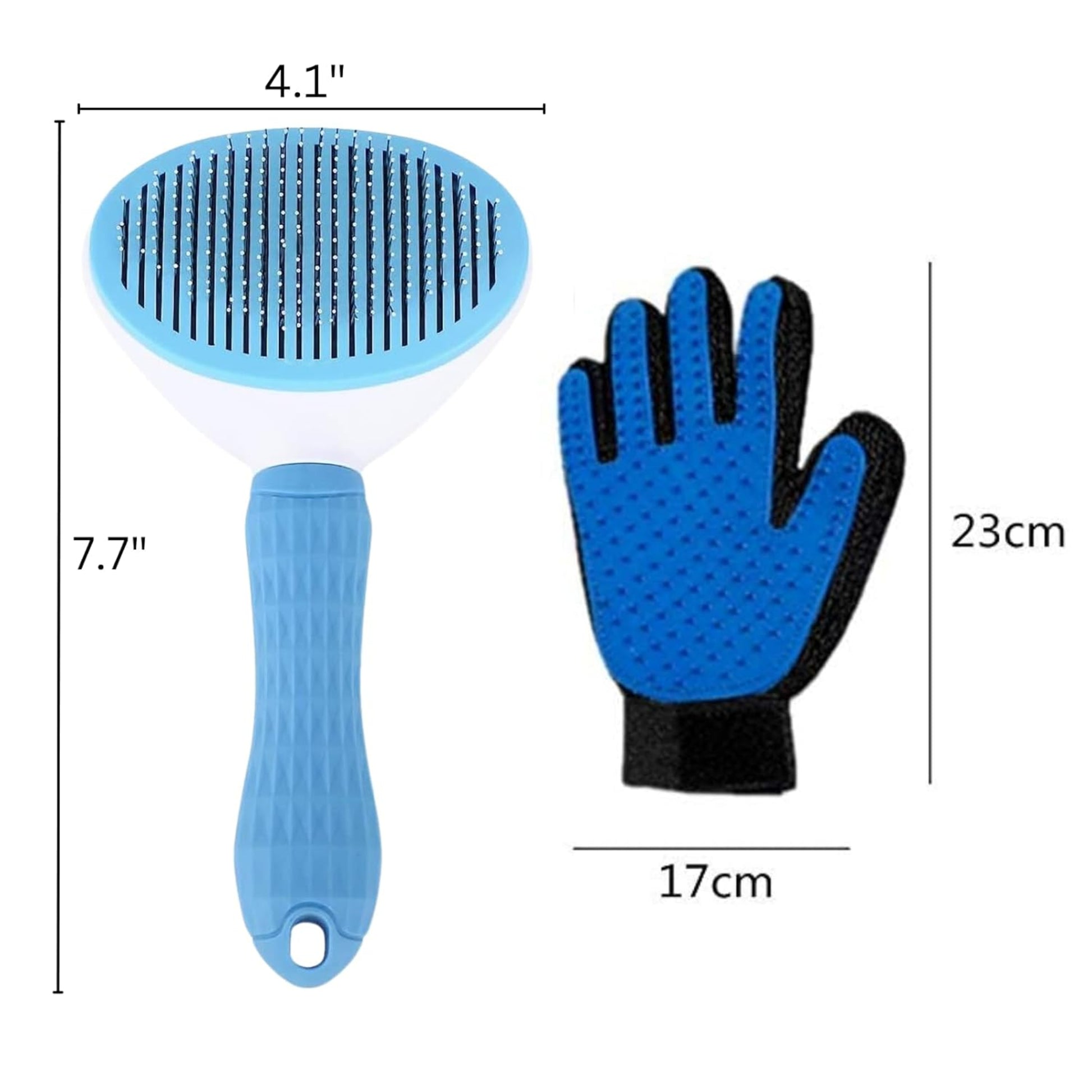 Pet grooming brush and glove with measurements on a white background