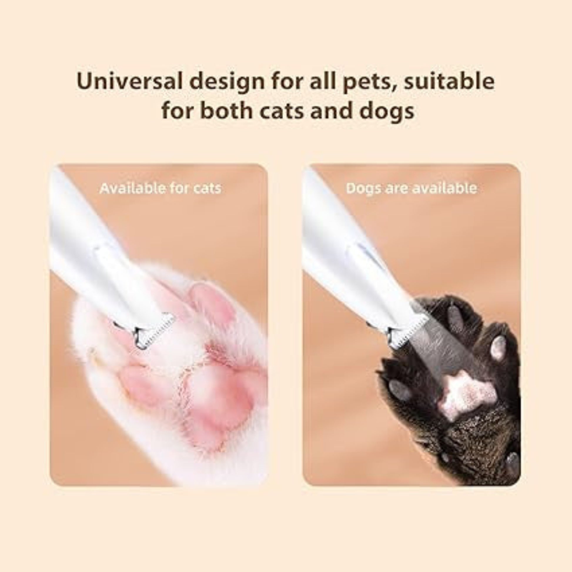 Pet nail trimmer being used on a cat's paw and a dog's paw with text indicating universal design for both pets.