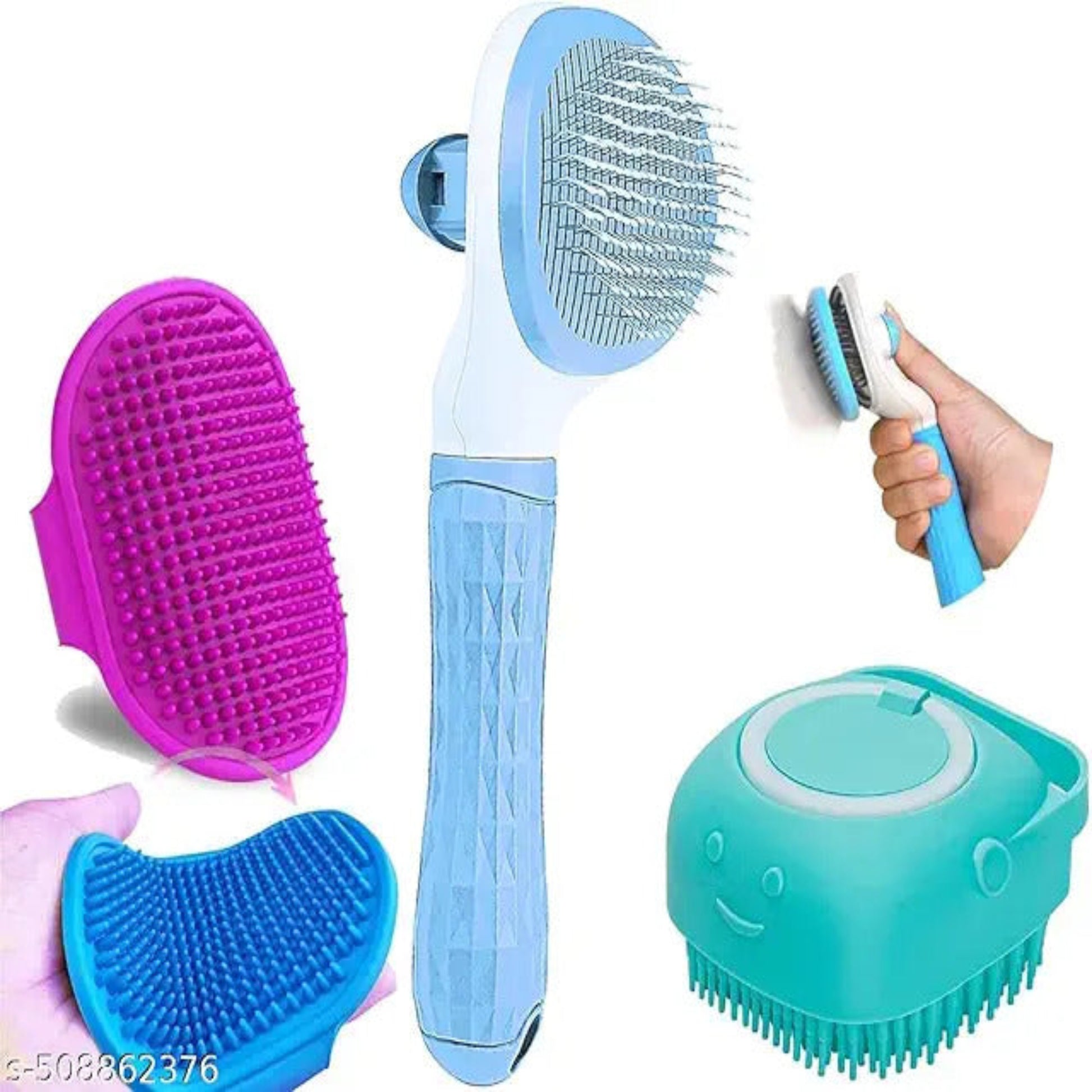 Set of pet grooming tools including a brush, scrubber, and massager on a white background.