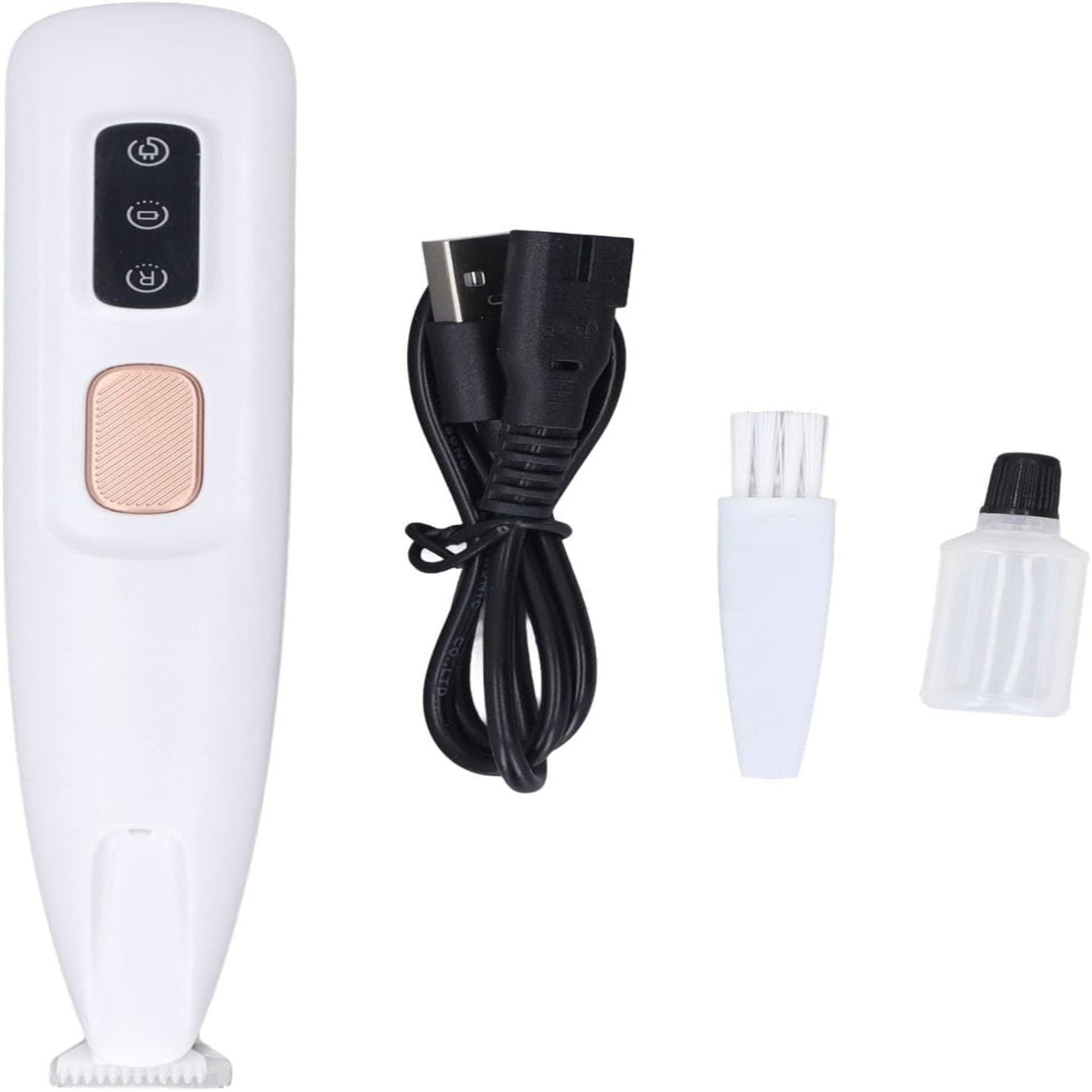White handheld device with attachments on a white background