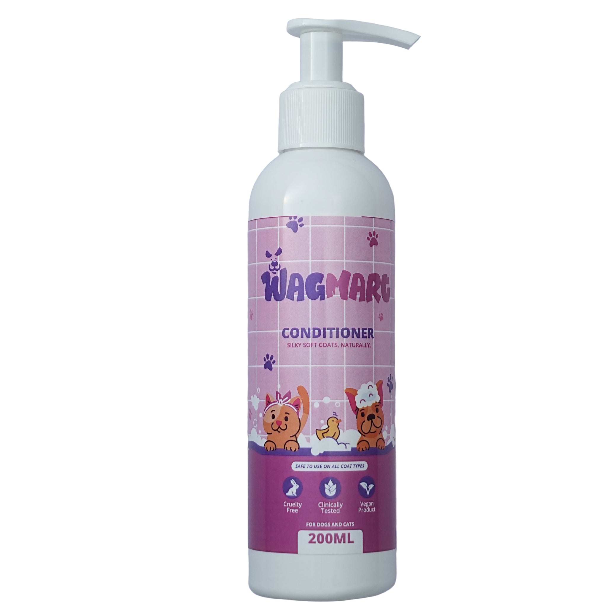 Walmart pet conditioner bottle with pink label on a gray background