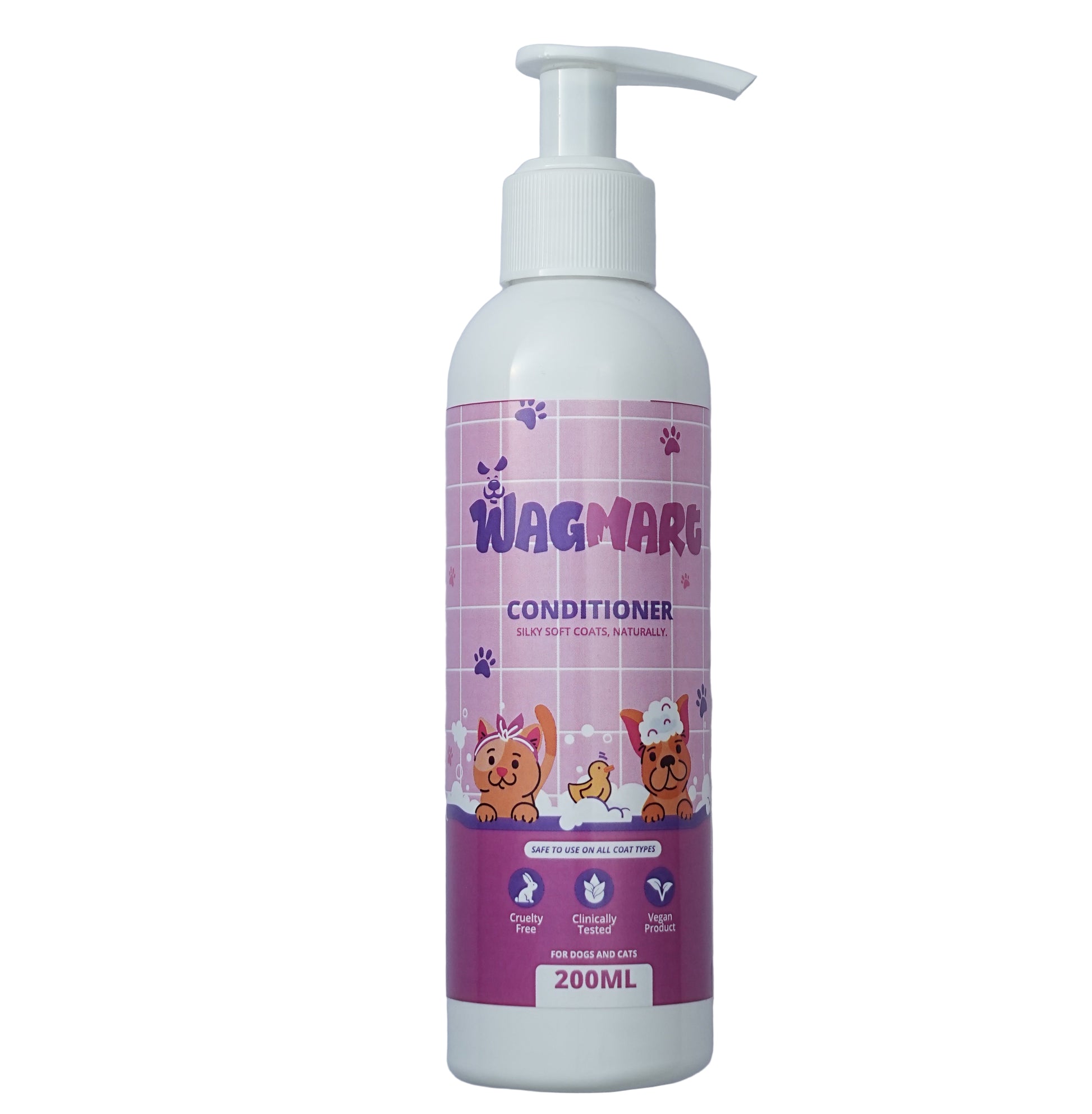 Walmart pet conditioner bottle with pink label on a gray background