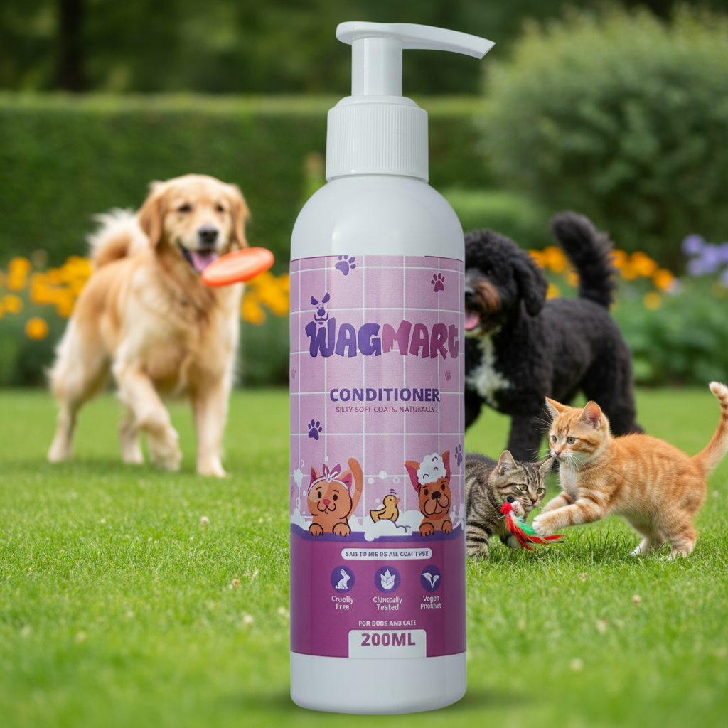 WagMart conditioner bottle with dogs and cats in a garden setting