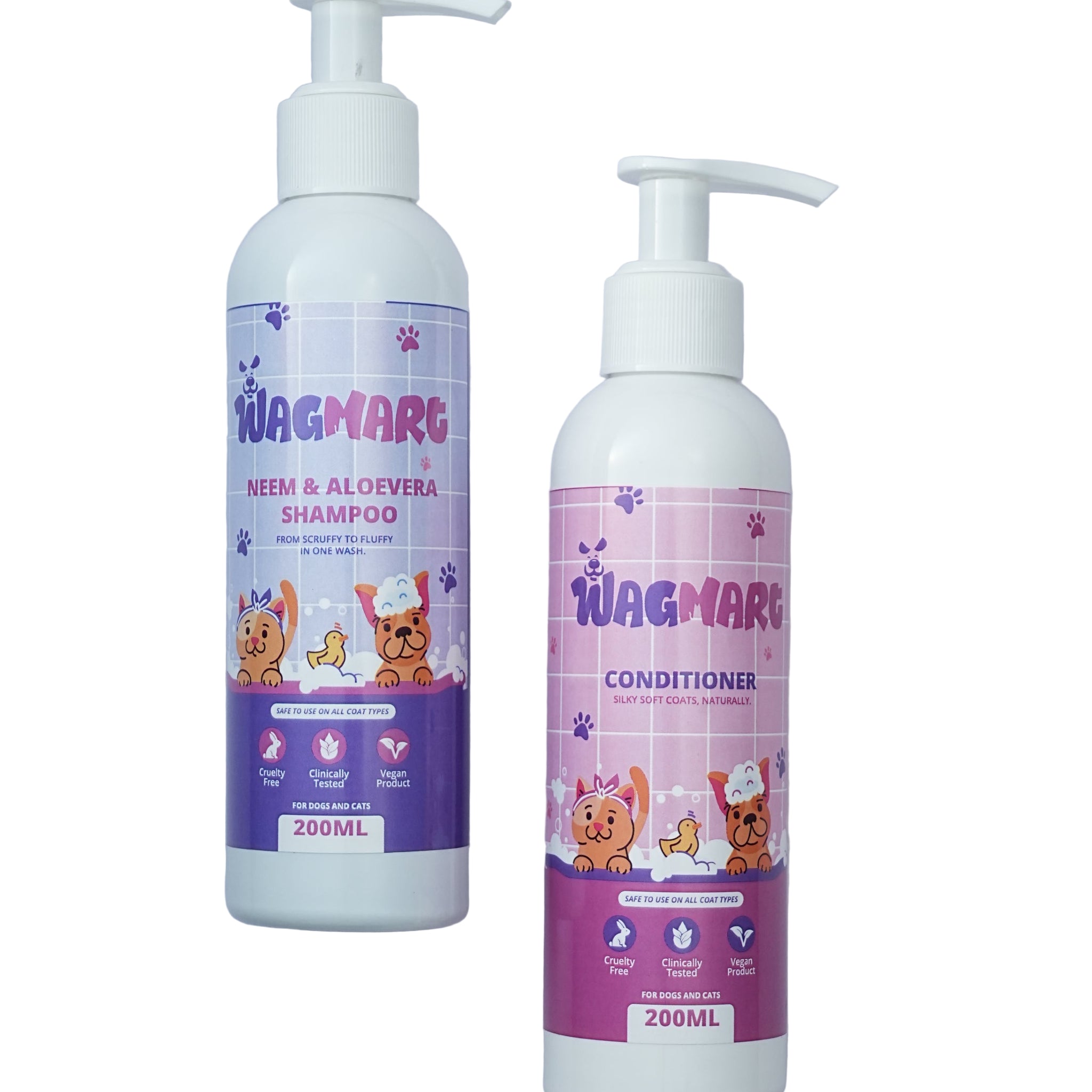 WagMart shampoo and conditioner bottles on a white background