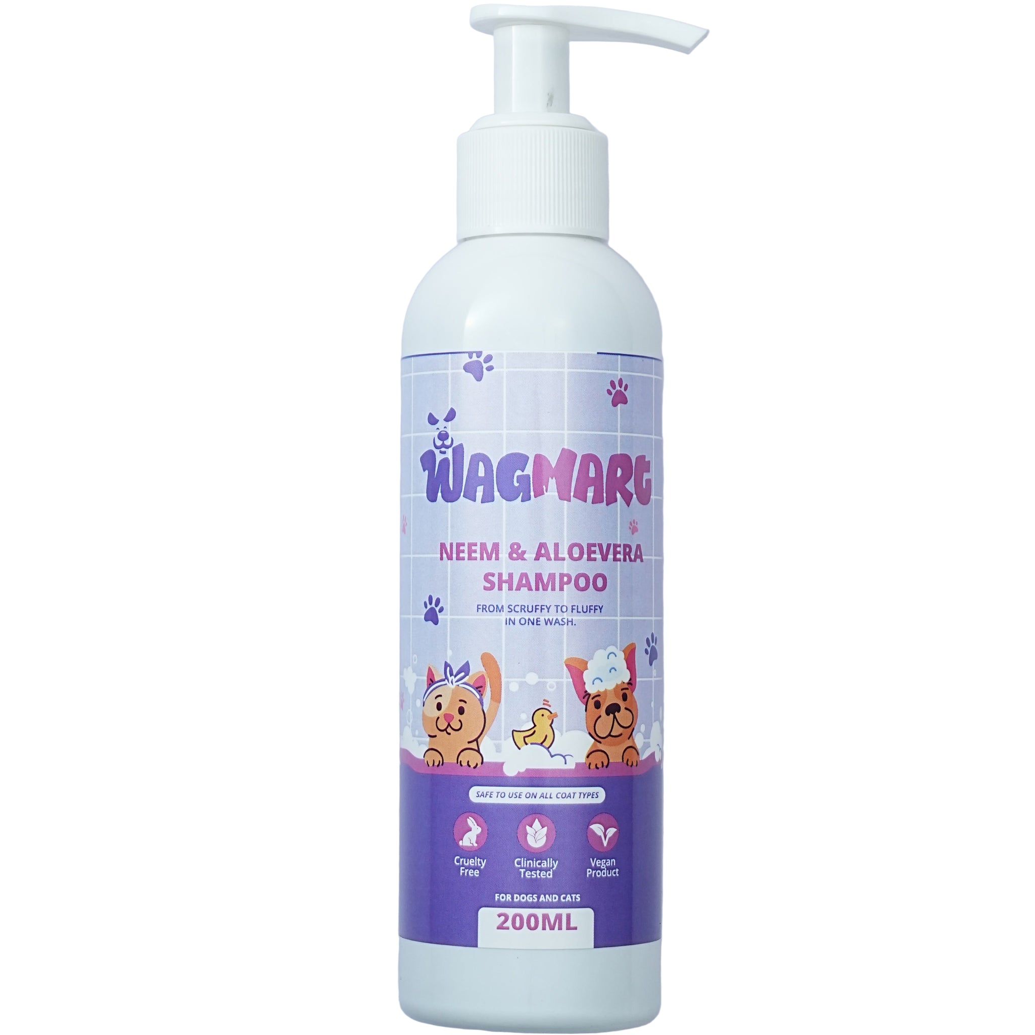 WagMar pet shampoo bottle with purple label on a white background