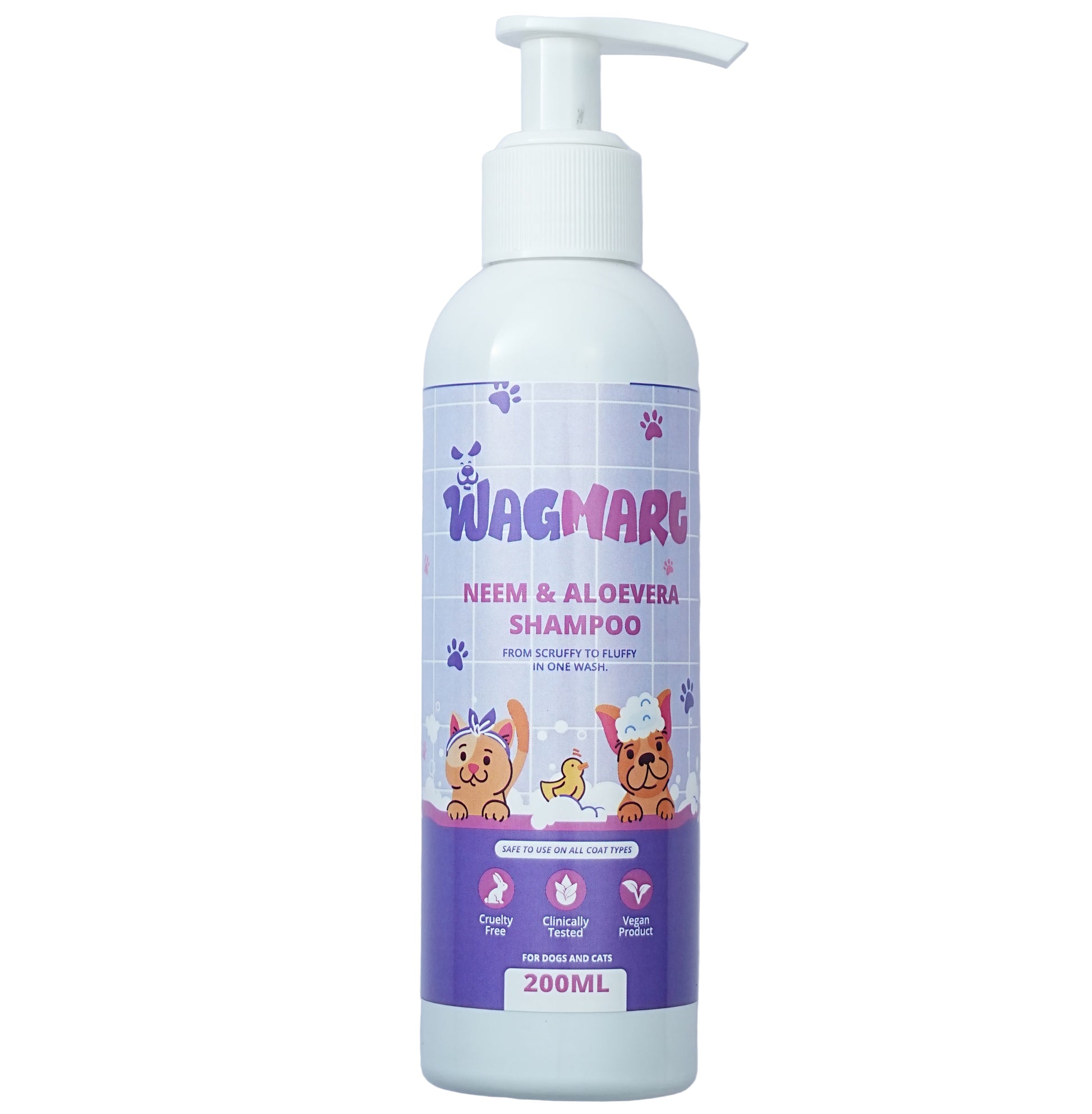 WagMar pet shampoo bottle with purple label on a white background