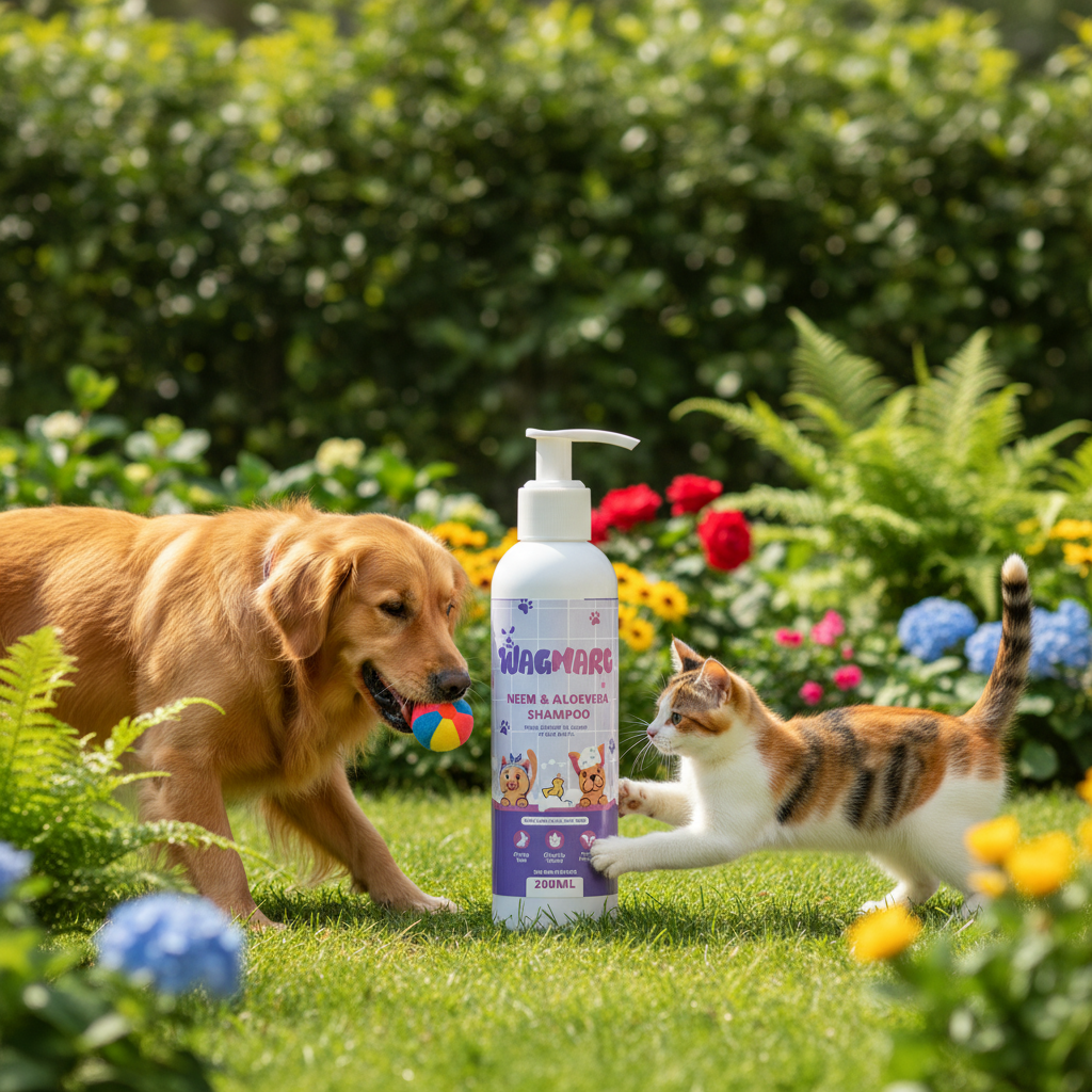 Dog and cat playing in a garden with a bottle of Shugamore shampoo in the foreground.