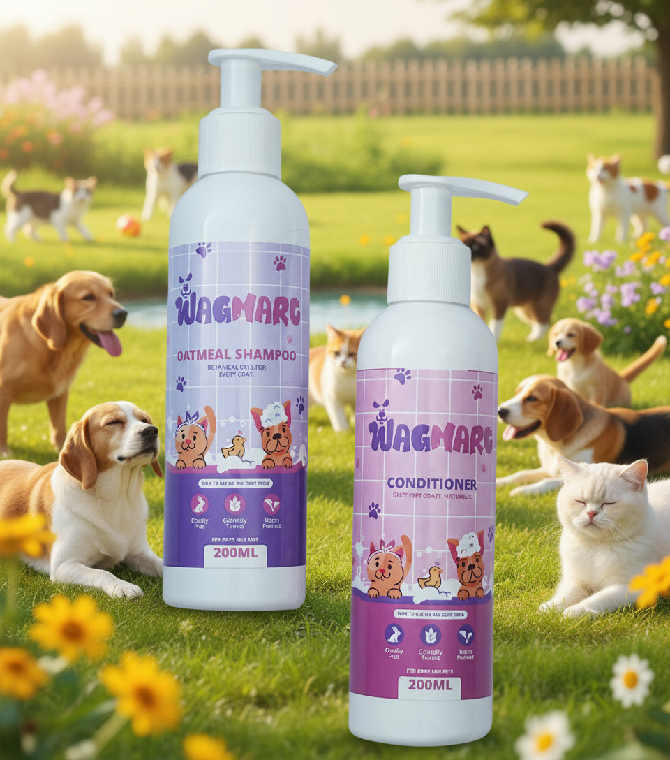 Wagmart Oatmeal Shampoo and Conditioner bottles on a white background