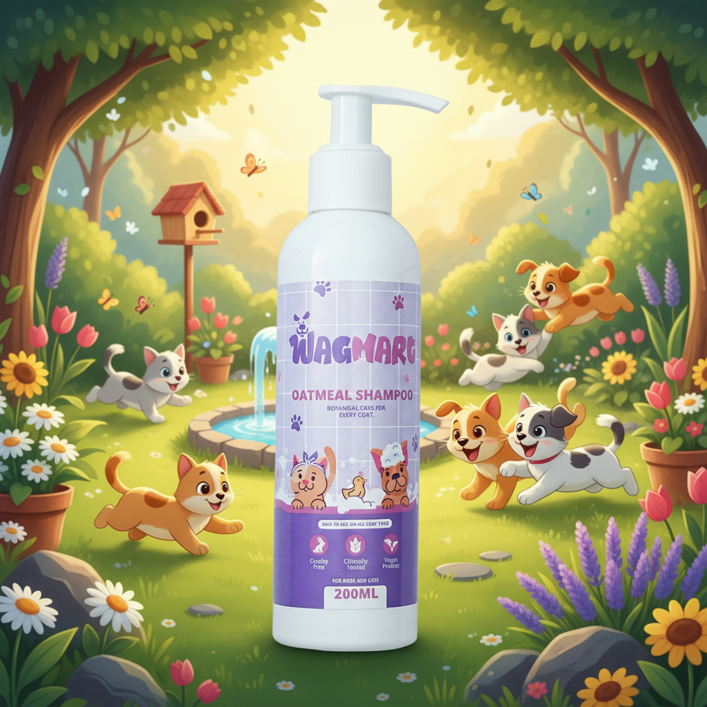 Wagmart Oatmeal Shampoo bottle with cartoon dogs and cats in a garden setting